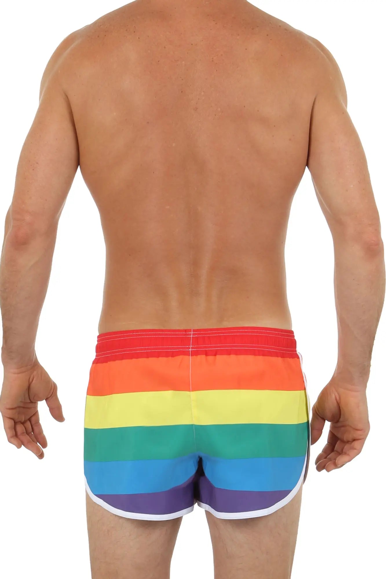 Pride swim short rainbow-striped swim trunks with white trim designed for vibrant beachwear and swimming