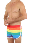 Pride swim short rainbow-striped swim trunks with white trim for vibrant summer beachwear