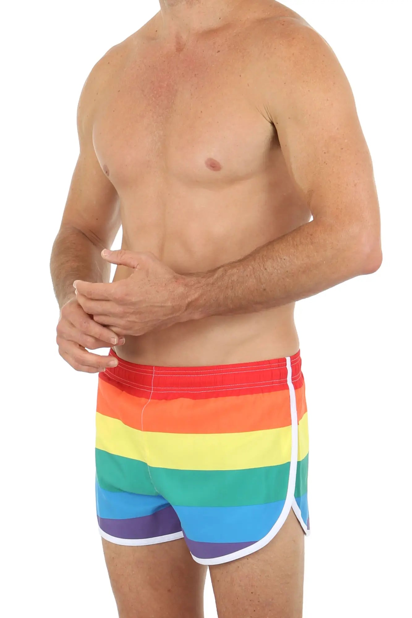 Pride swim short rainbow-striped swim trunks with white trim for vibrant summer beachwear