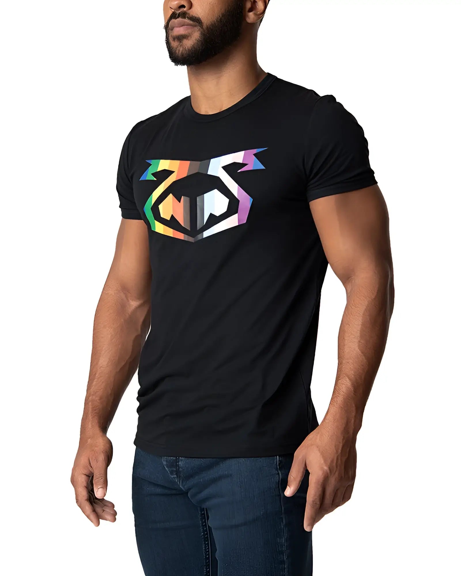 Black short-sleeved cotton pride tee 2.0 featuring a bold geometric logo with rainbow-colored accents