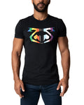Black short-sleeved pride tee 2.0 featuring a bold geometric logo with rainbow-colored stripes on the front