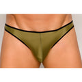 Olive green satin pride ultra stretch amplify thong briefs with black trim shown from the back side