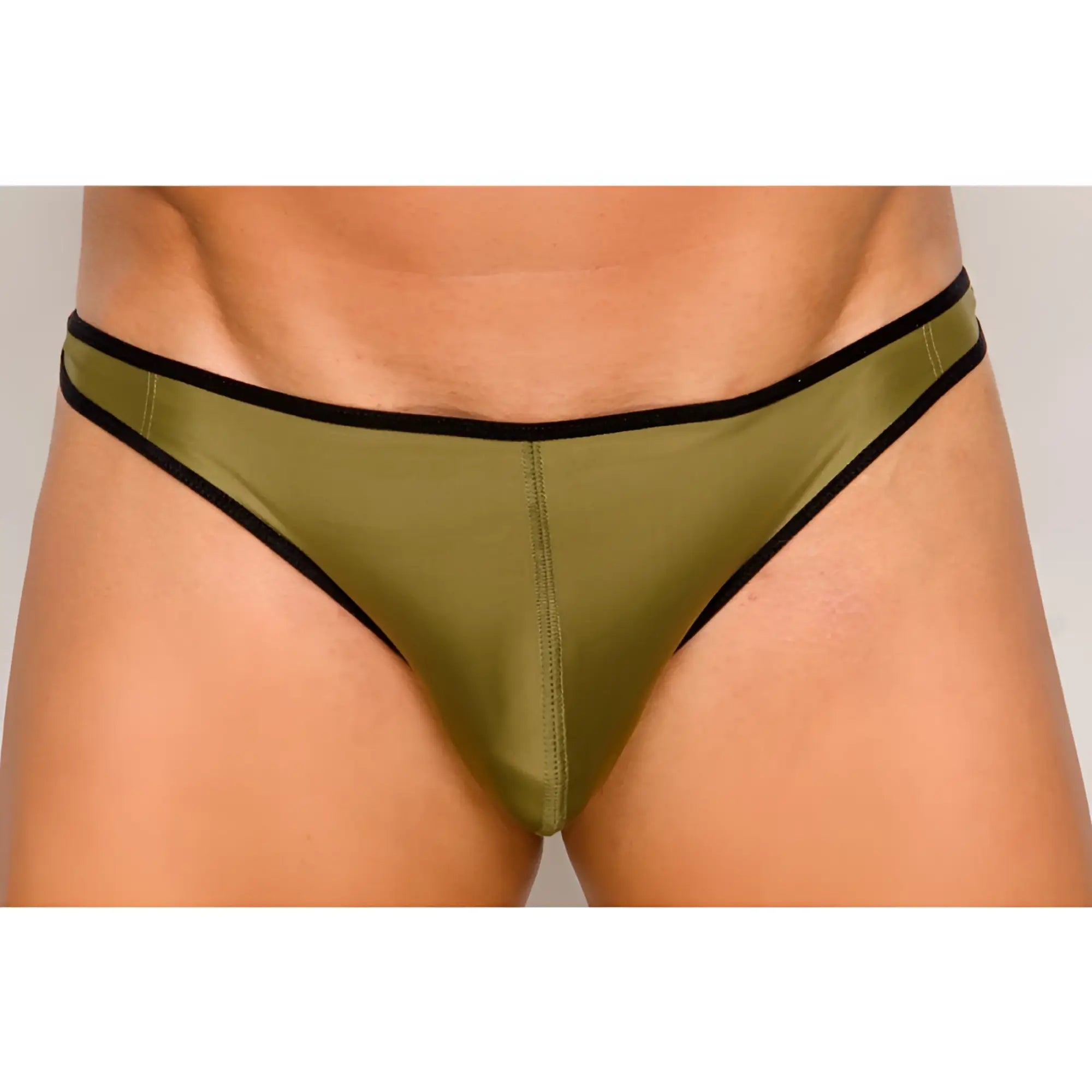 Olive green satin pride ultra stretch amplify thong briefs with black trim shown from the back side