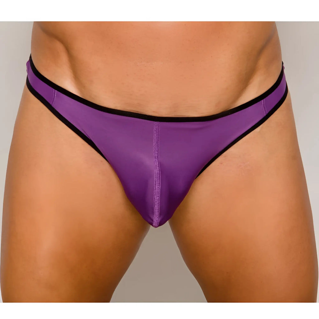 Purple pride ultra stretch amplify thong with black trim shown from the back with a flexible, comfortable fit