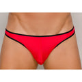 Red pride ultra stretch amplify thong with black trim in stretchy fabric shown from the back side