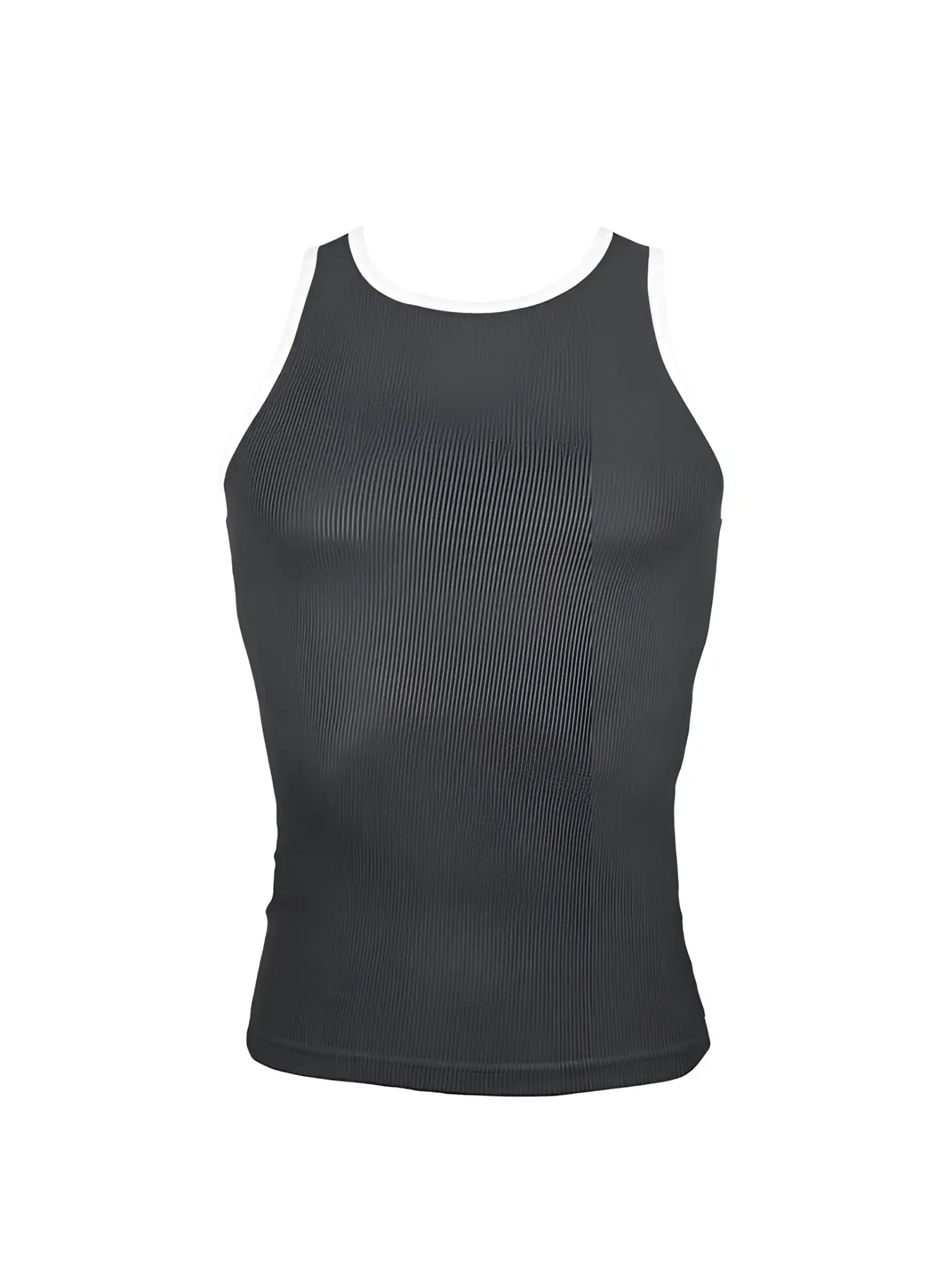 Black ribbed cotton tank top with white trim around the neckline from Pride USA collection