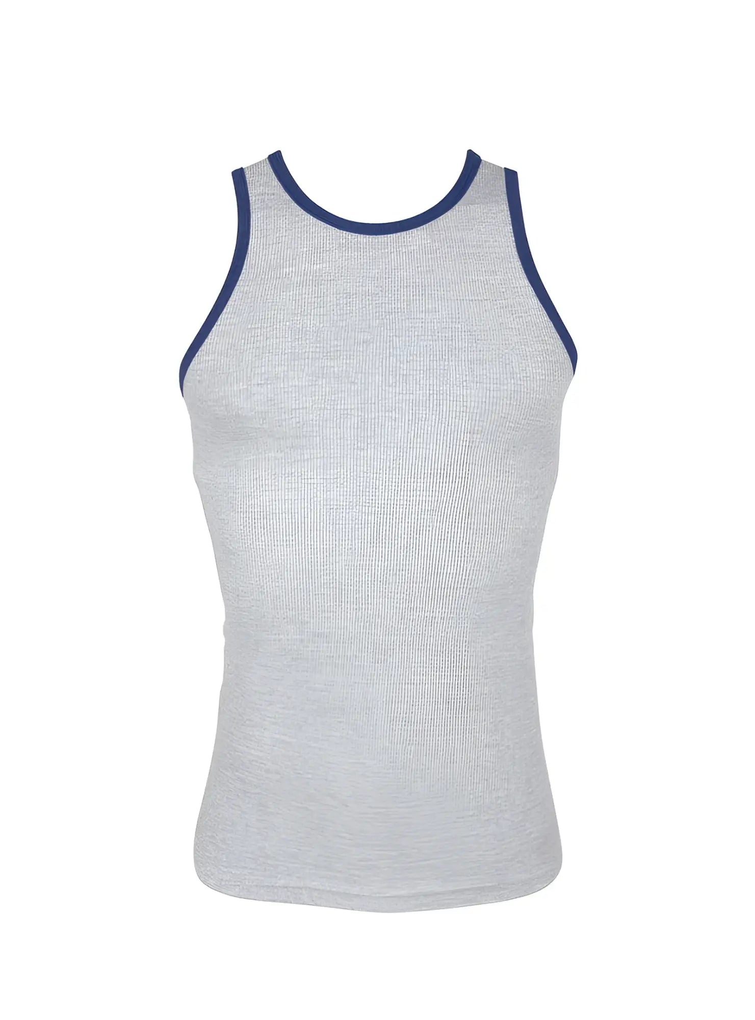 Gray ribbed cotton tank top with navy blue trim on neckline and armholes from Pride USA collection