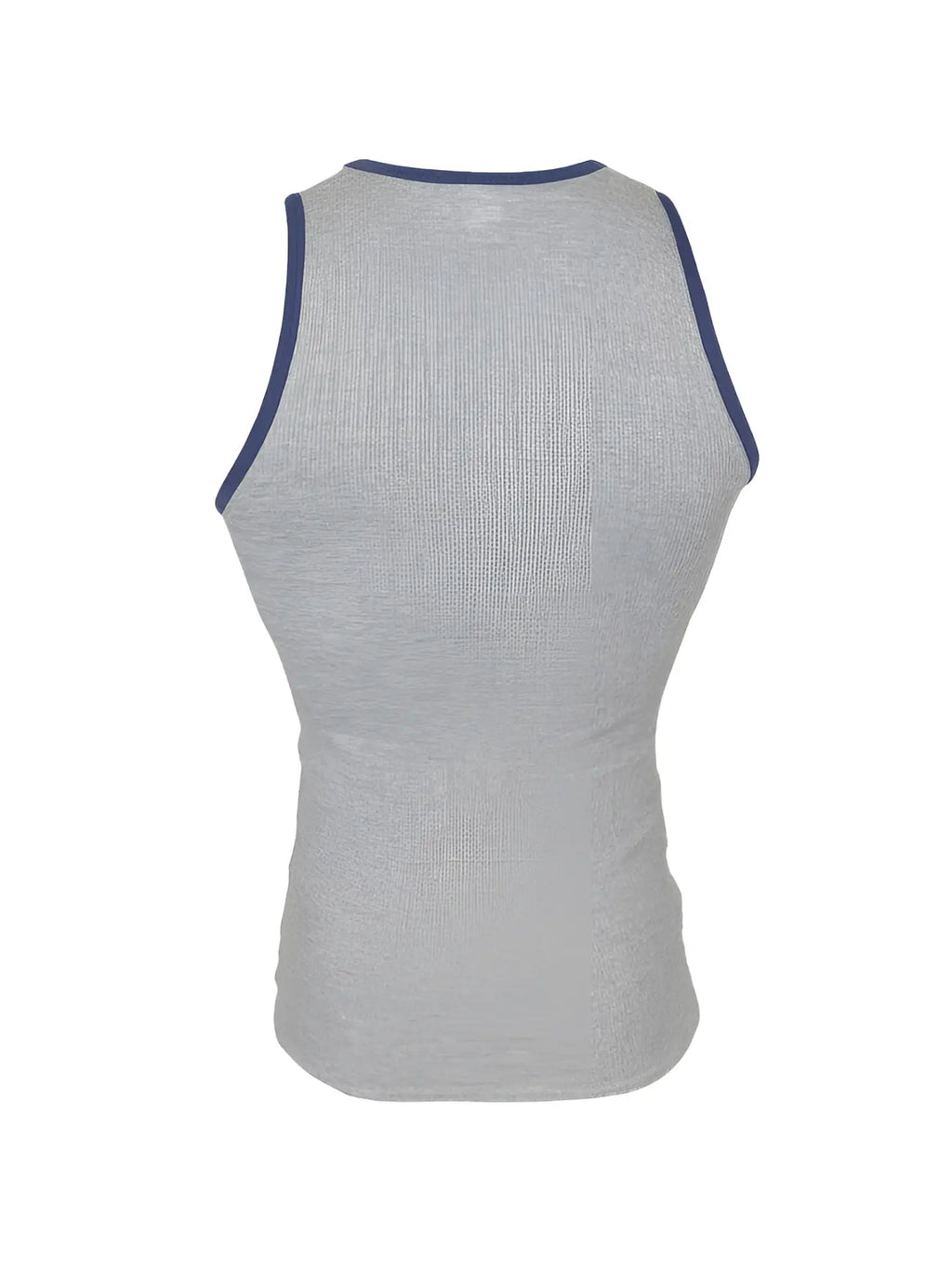 Gray ribbed cotton tank top with navy blue trim along neckline and armholes from Pride USA collection