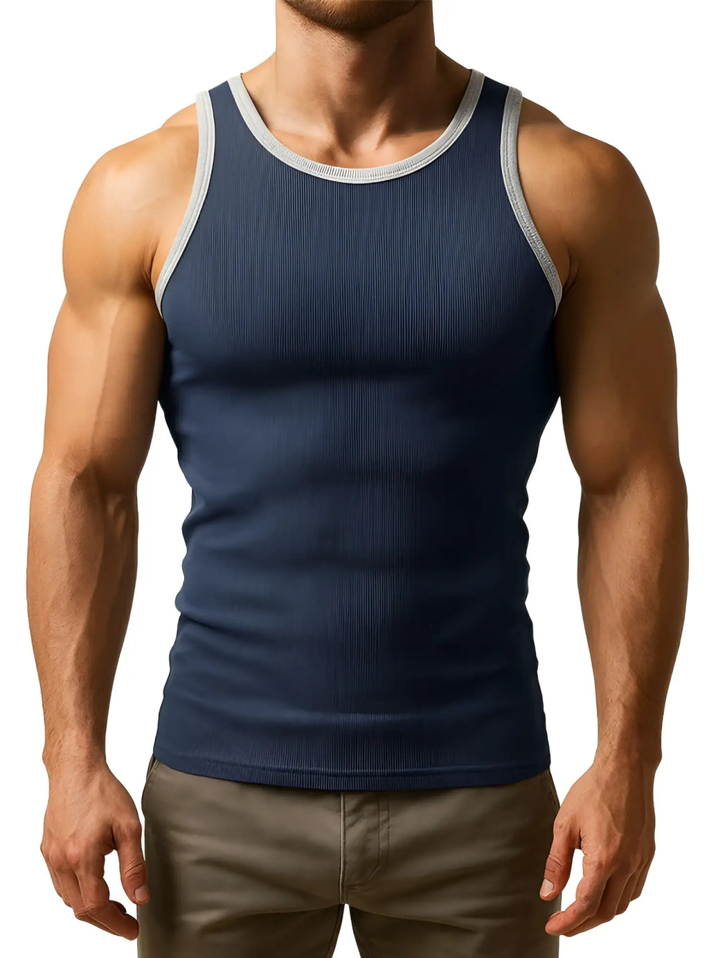 Navy blue ribbed cotton tank top with gray trim from Pride USA featuring breathable lightweight fabric