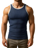 Navy blue ribbed cotton tank top with gray trim from Pride USA featuring breathable lightweight fabric
