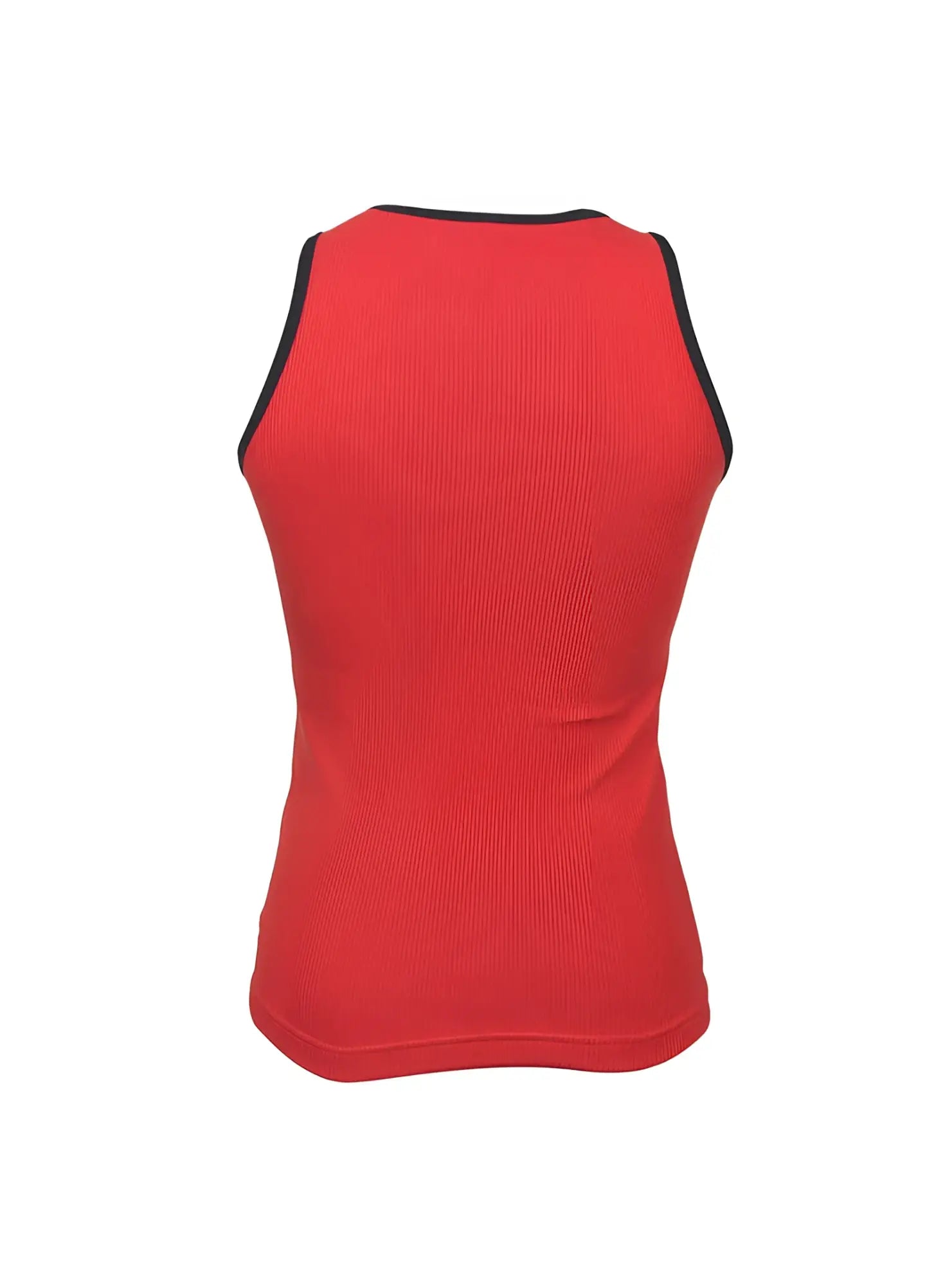 Red ribbed cotton tank top with black trim along neckline and armholes from Pride USA collection