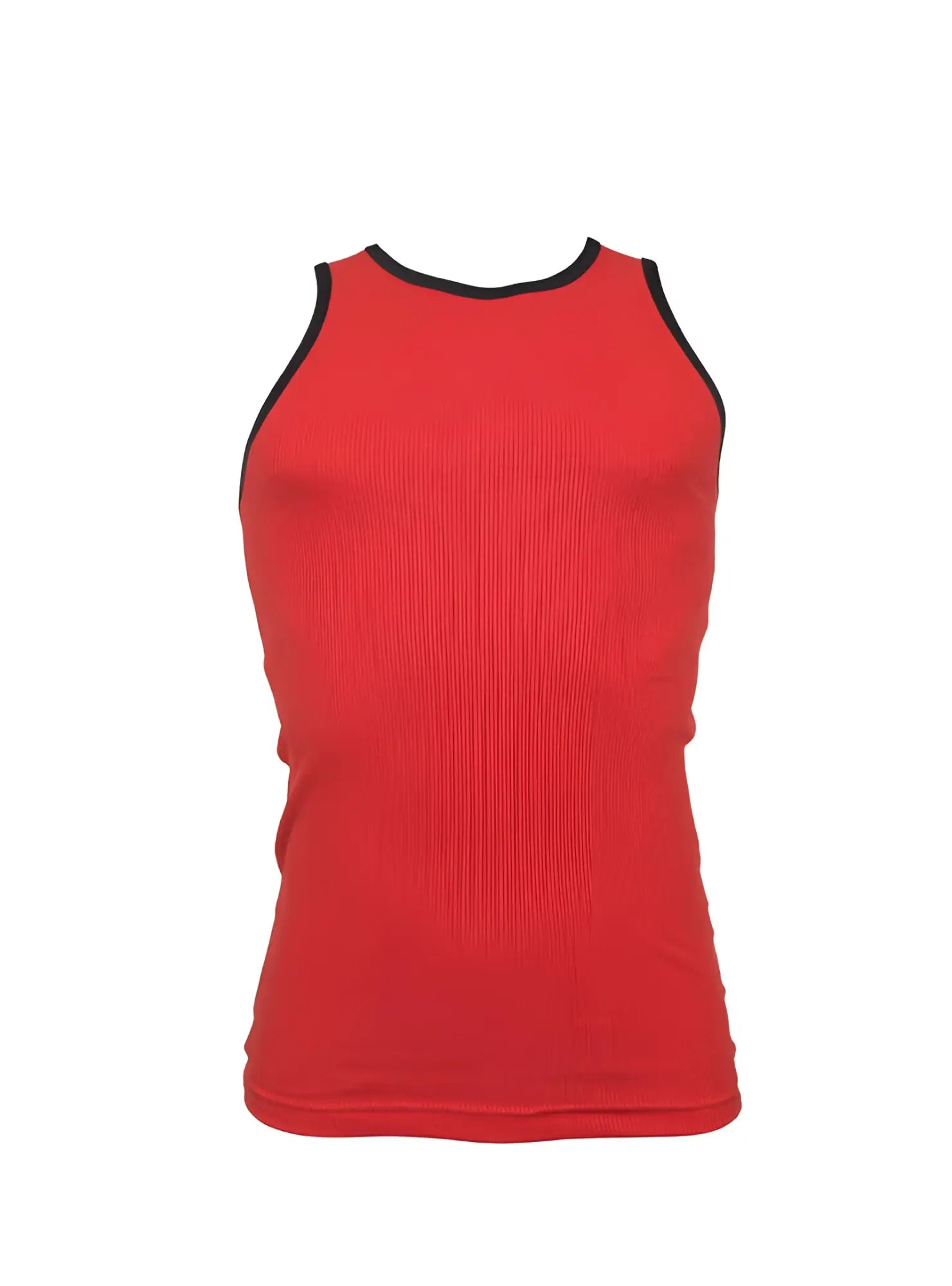 Red Pride USA ribbed cotton tank top with black trim around neckline and armholes for casual wear