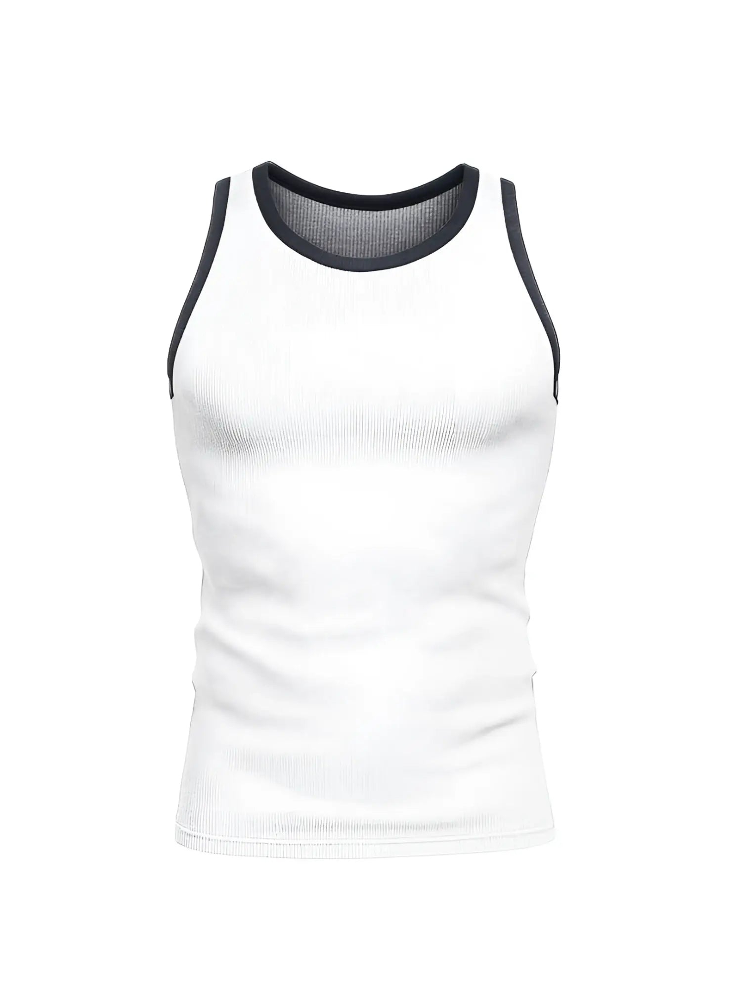 White ribbed cotton tank top with black trim around neckline and armholes pride usa casual wear