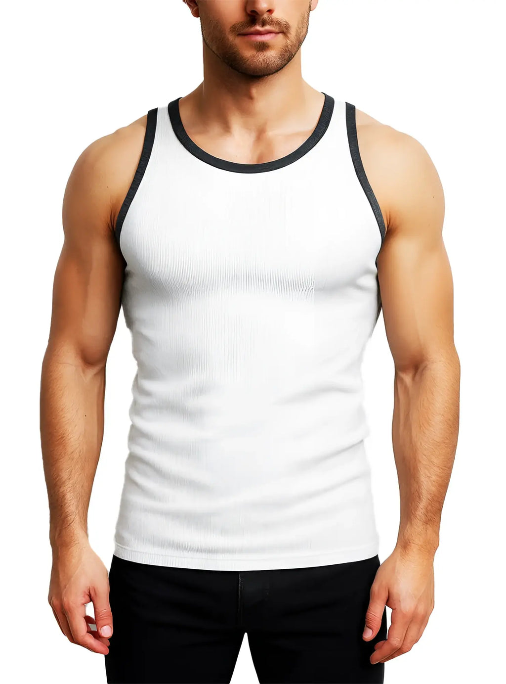 White ribbed cotton tank top with black trim around neckline and armholes pride usa casual wear
