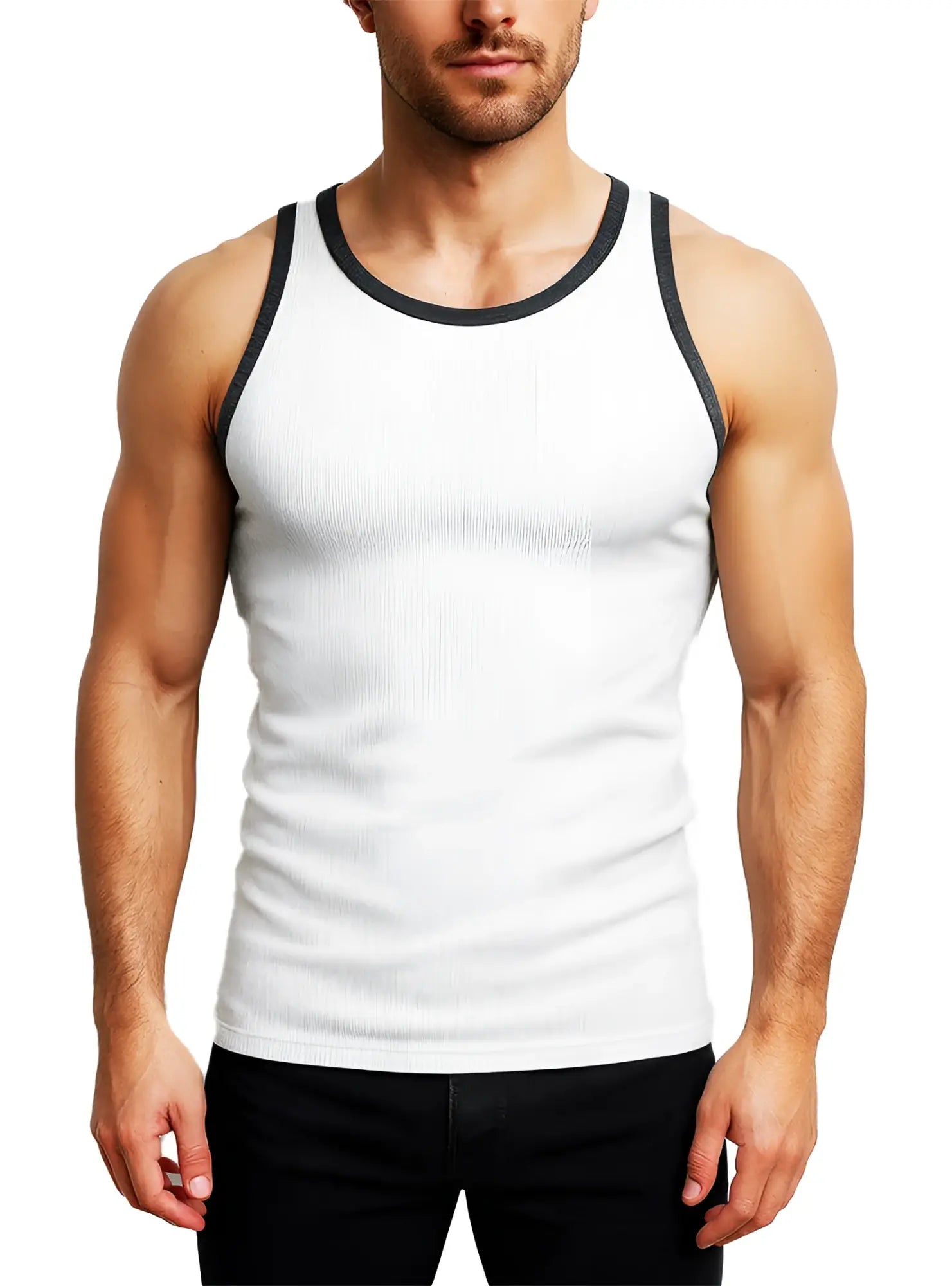 White ribbed cotton tank top with black trim around neckline and armholes pride usa casual wear