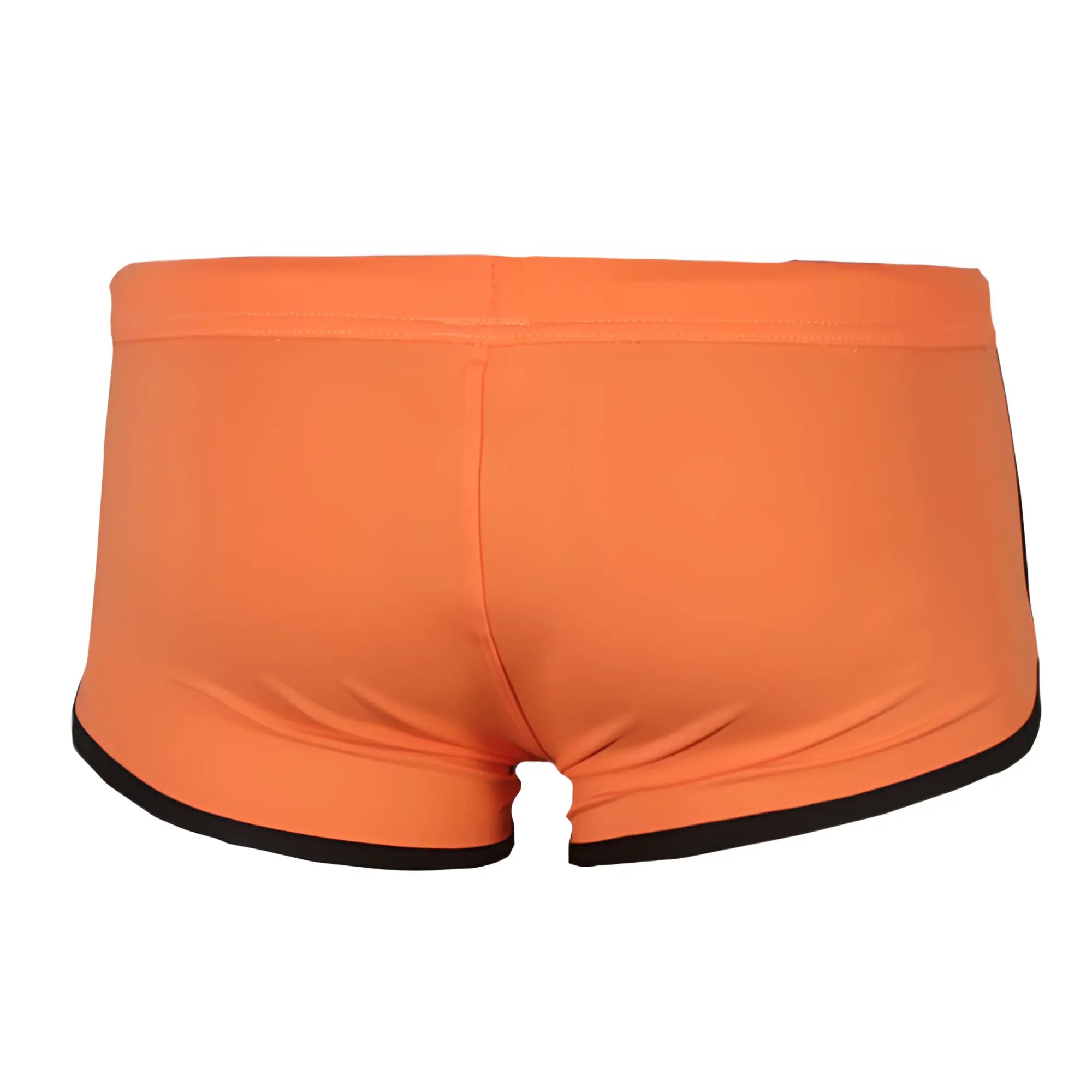 Bright orange pride vince trunk swim trunks with black trim along waistband and leg openings for swimming