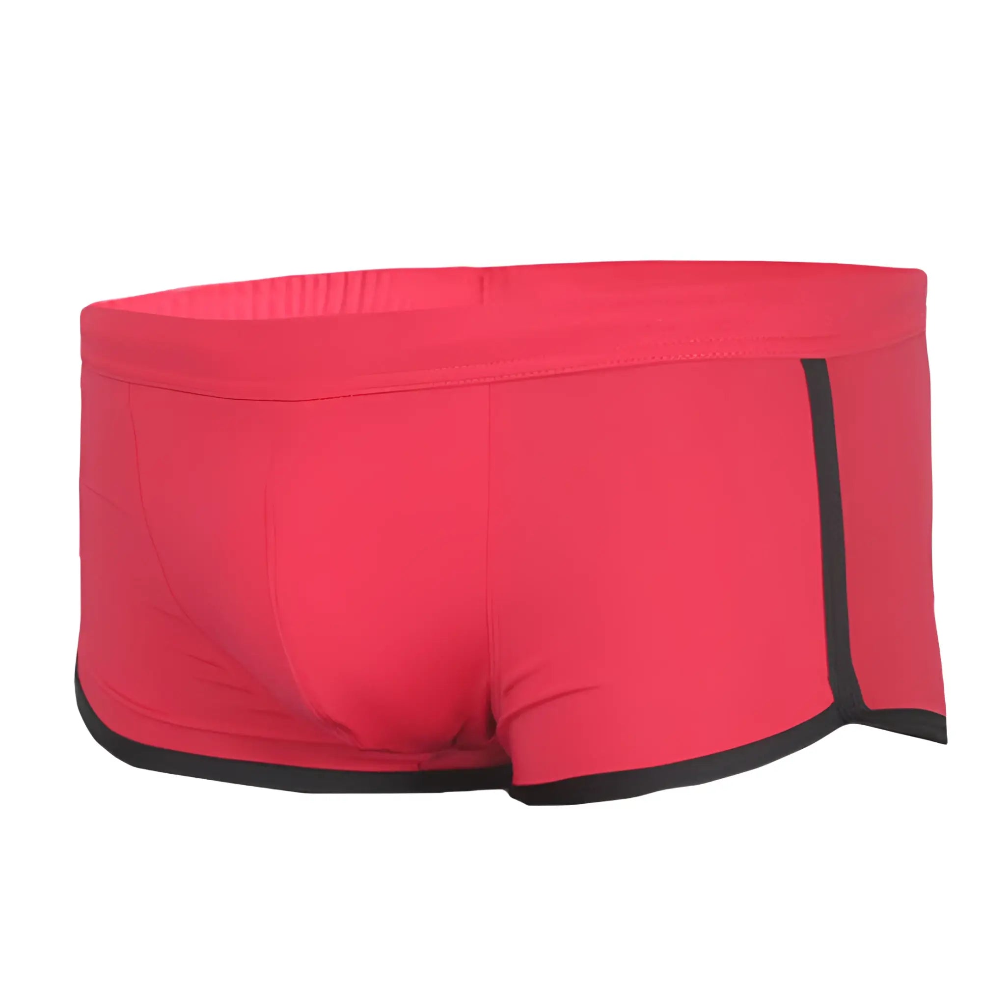 Red pride vince trunk swim trunks featuring black trim on waistband leg openings and side stripe for beachwear