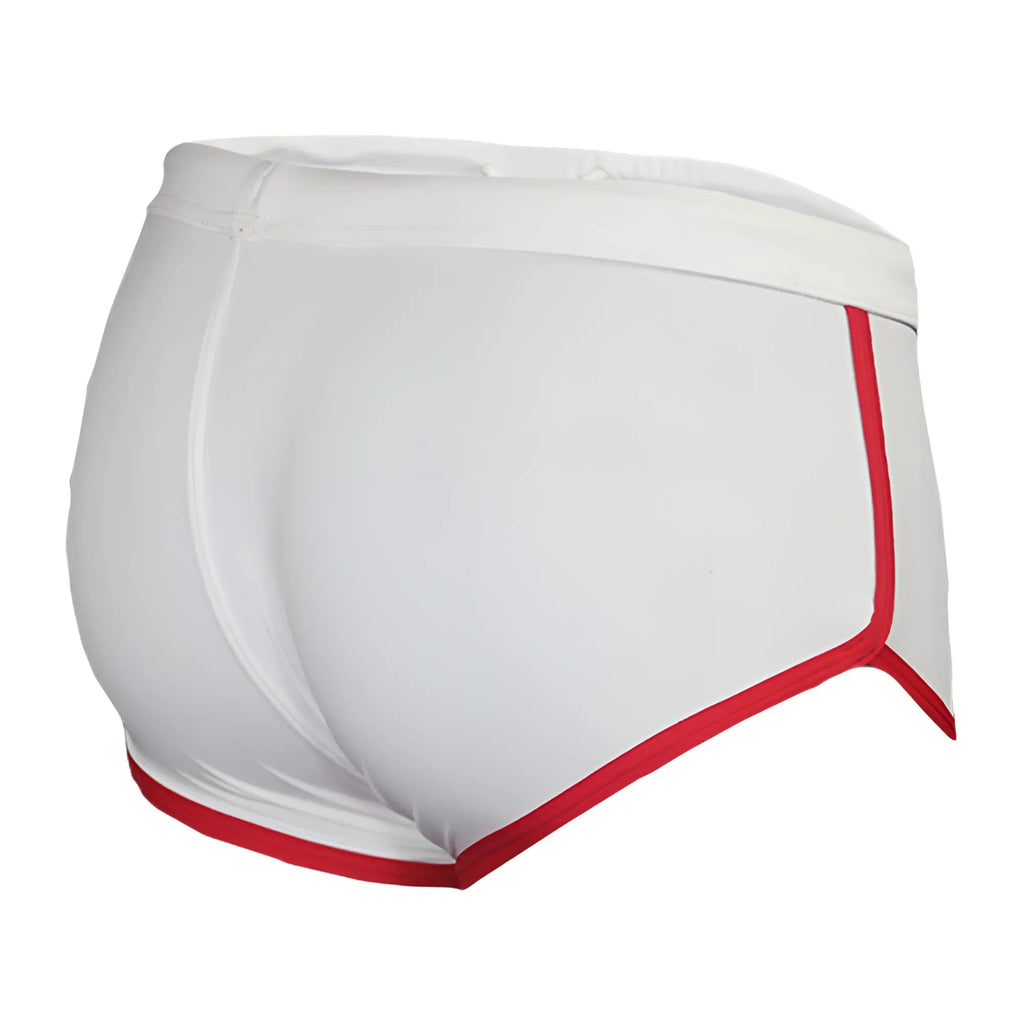 White briefs with red trim featuring pride vince trunk design made from soft breathable fabric for everyday comfort
