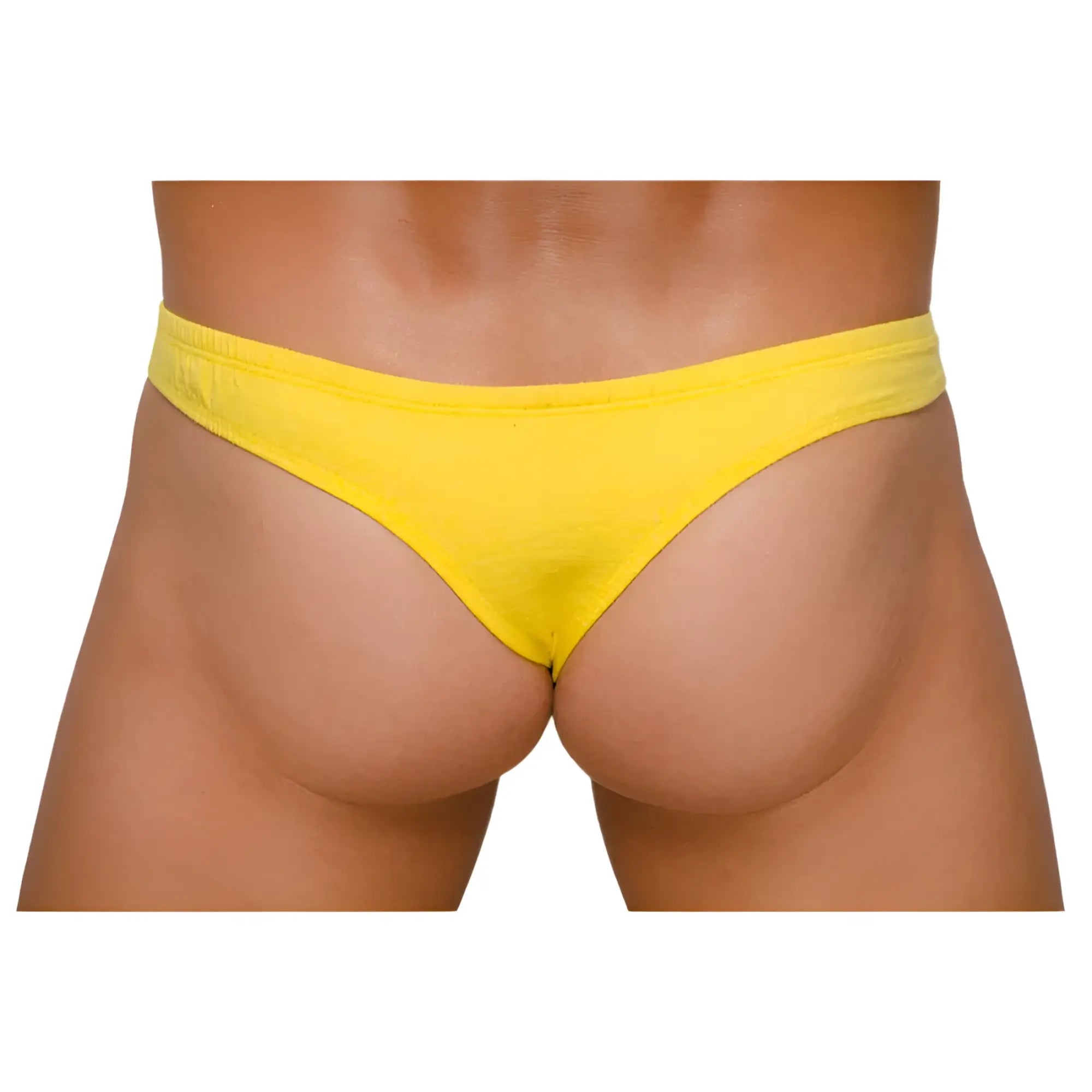 Bright yellow pride zip it thong made of smooth stretchy fabric showing front side