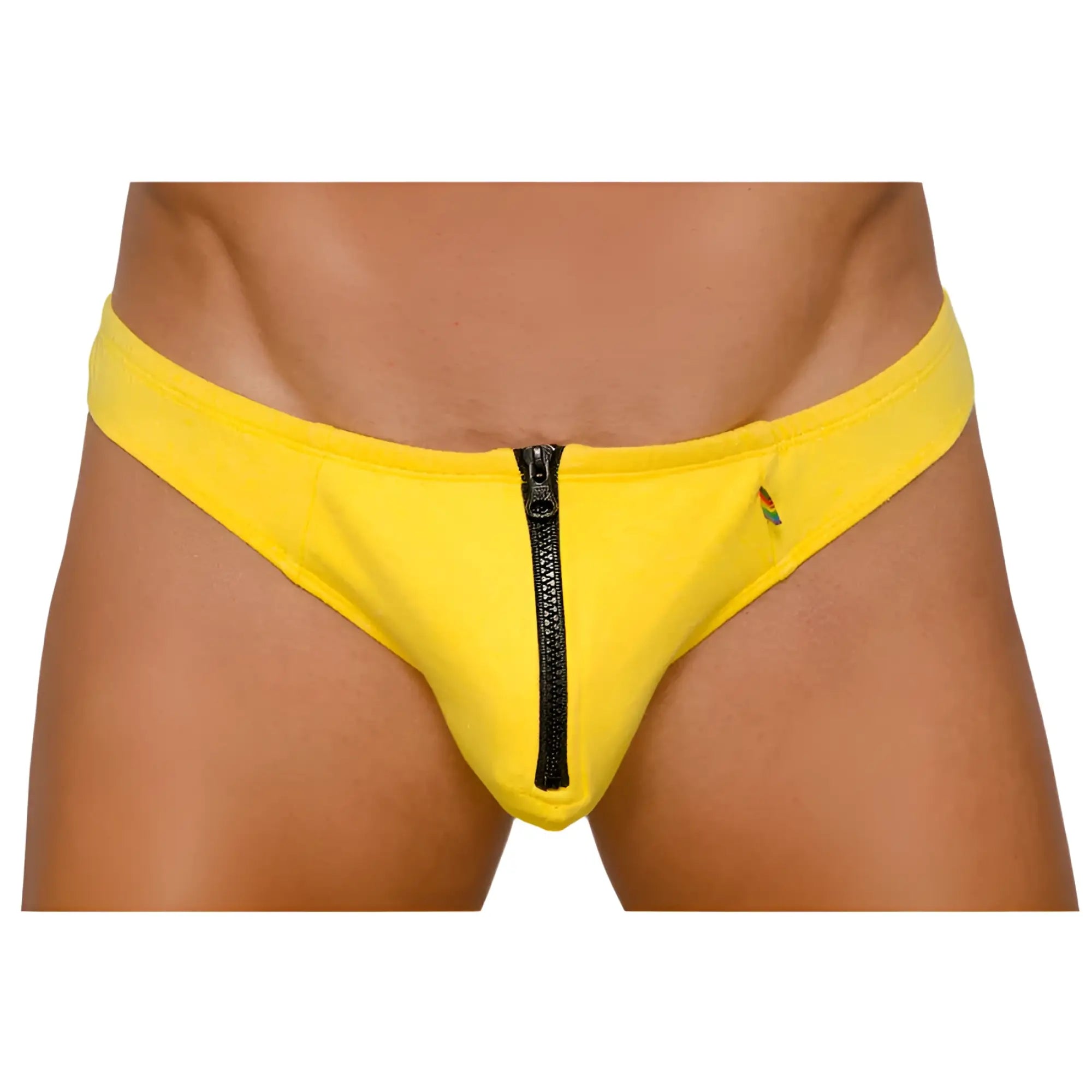 Bright yellow pride zip it thong men’s swim trunks with black center zipper designed for swimming and beachwear