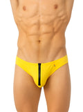 Bright yellow Pride Zip It Thong swim trunks with a black zipper down the center for beach and pool use