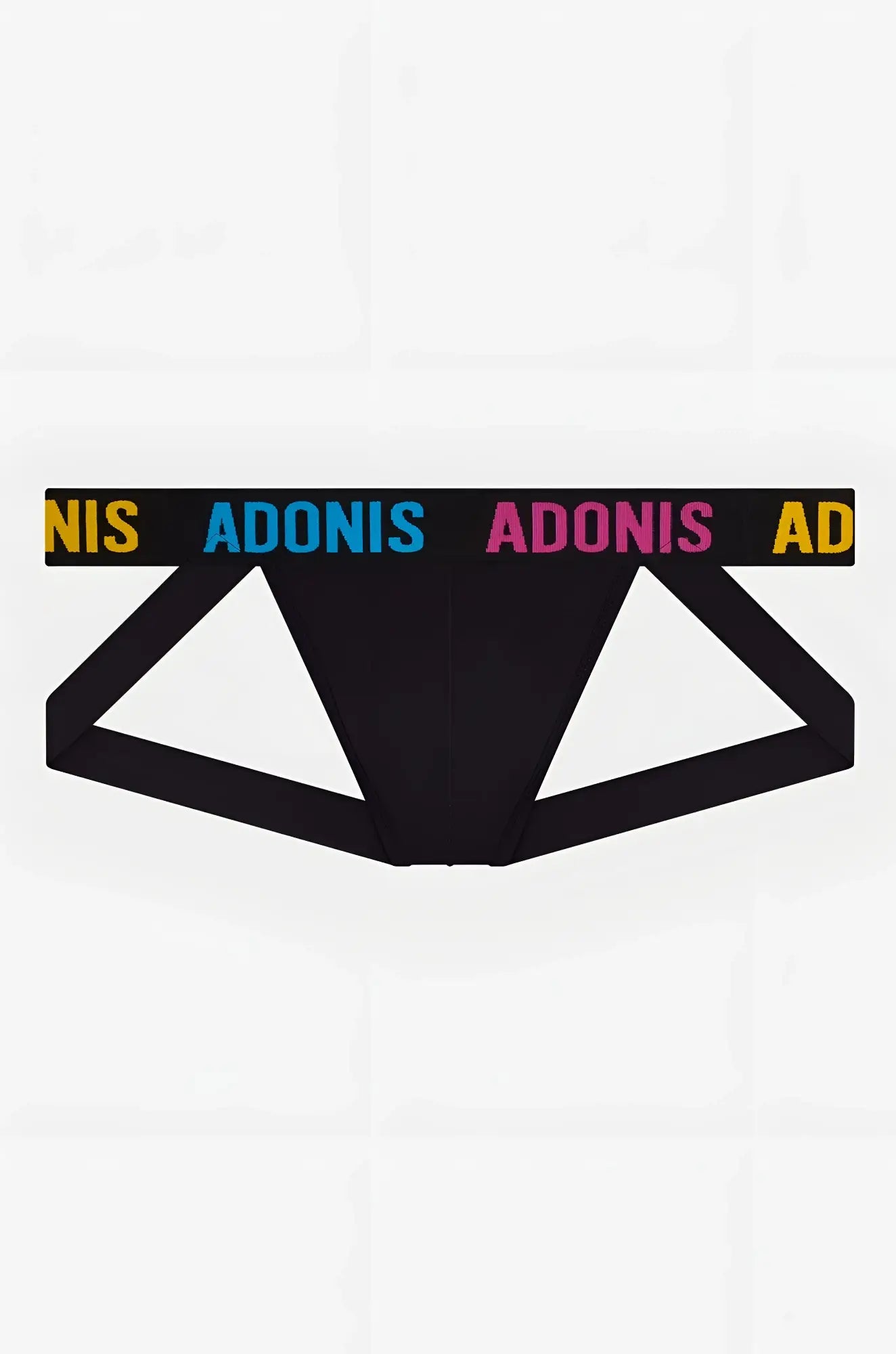 Black adonis briefs pride365 jockstrap with bold geometric triangle cutout and vibrant multicolored waistband branding