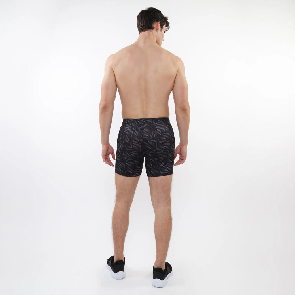 Black printed mesh stretch performance athletic shorts with subtle geometric leaf pattern for active wear
