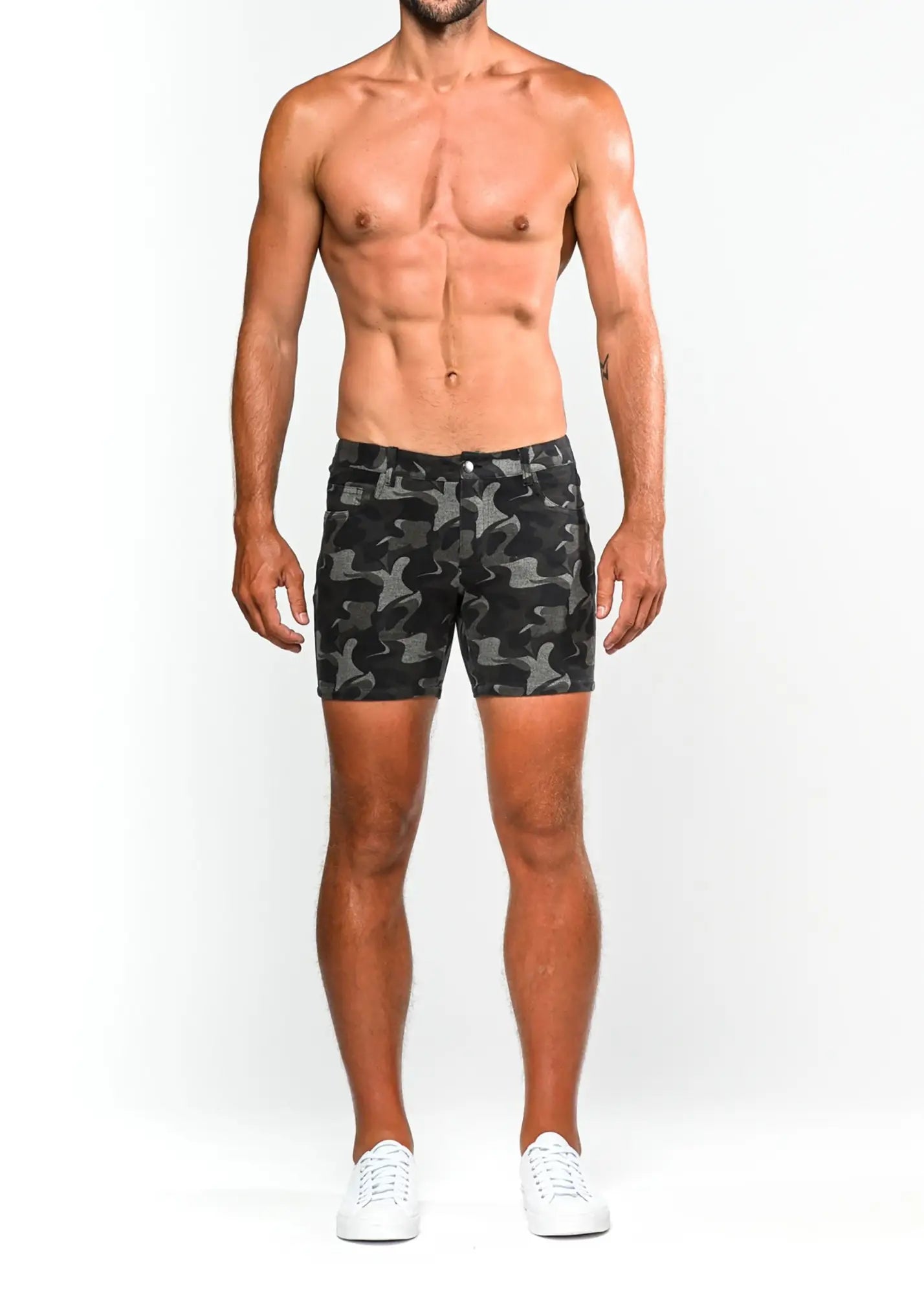 Printed stretch knit black and gray camouflage patterned denim shorts front view with a comfortable fit