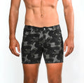 Printed stretch knit short in black and gray camouflage denim featuring a comfortable stretch fit