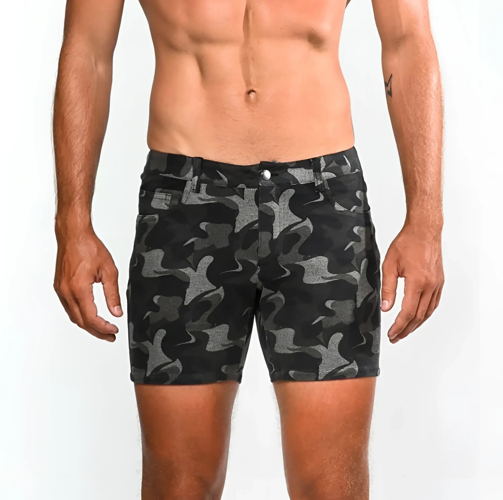 Printed stretch knit short in black and gray camouflage denim featuring a comfortable stretch fit