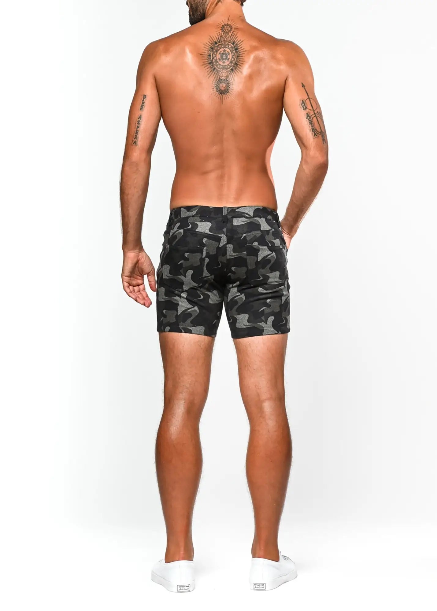 Black and gray camouflage printed stretch knit shorts showing the back side with a comfortable fit