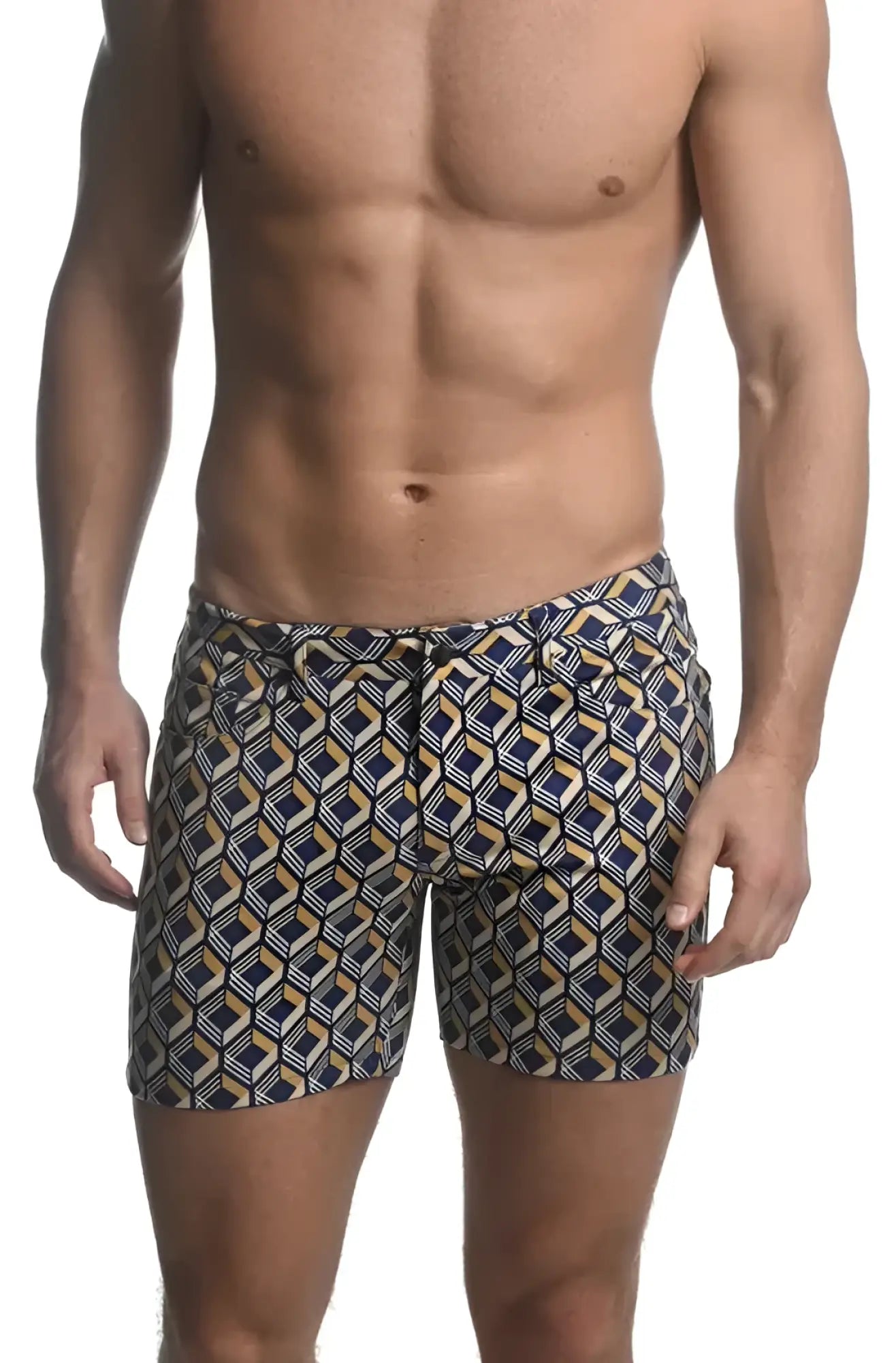 Men’s printed stretch knit short swim trunks with navy and gold geometric pattern in lightweight fabric