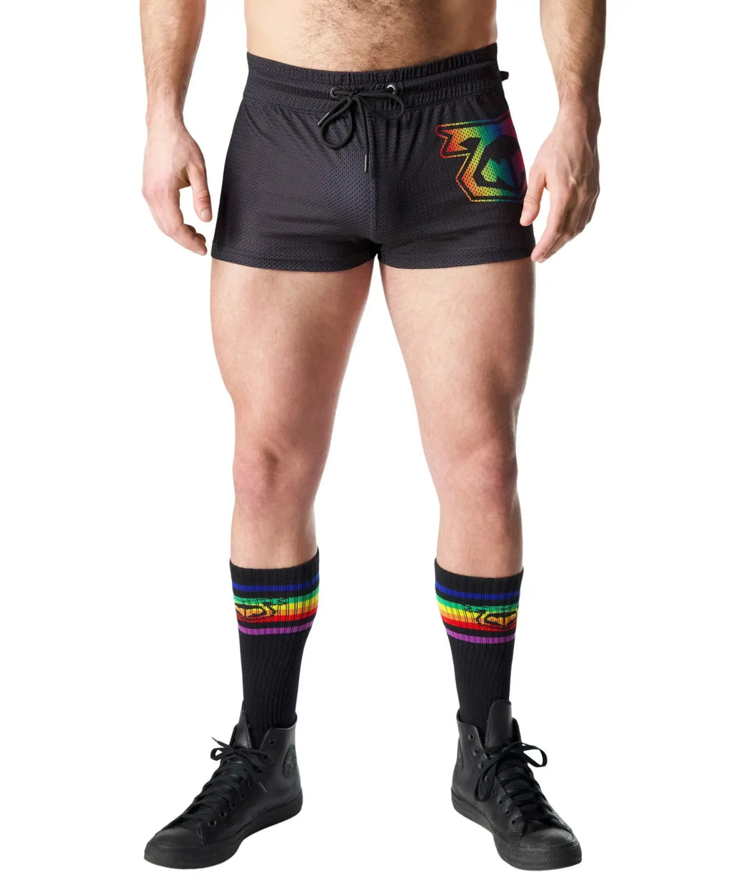 Black mesh prism pride trunk short with rainbow logo on left leg designed for athletic use