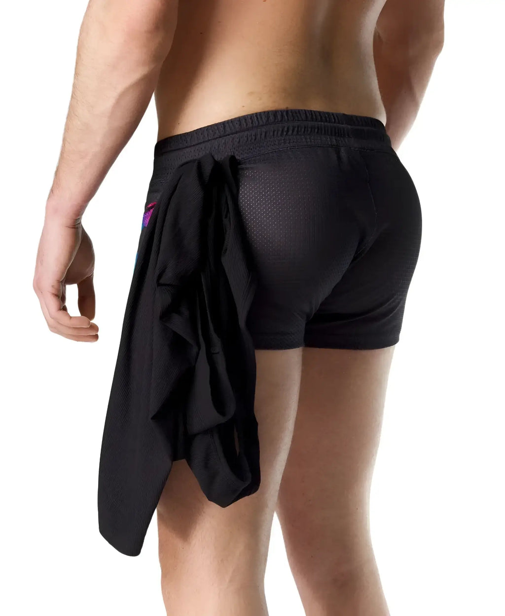Black mesh prism pride trunk short athletic shorts with drawstring waistband and fabric panel tied at the back