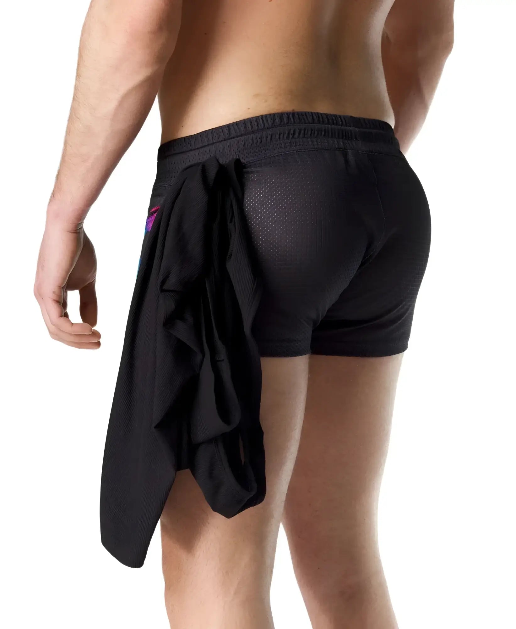 Black mesh prism pride trunk short athletic shorts with drawstring waistband and fabric panel tied at the back