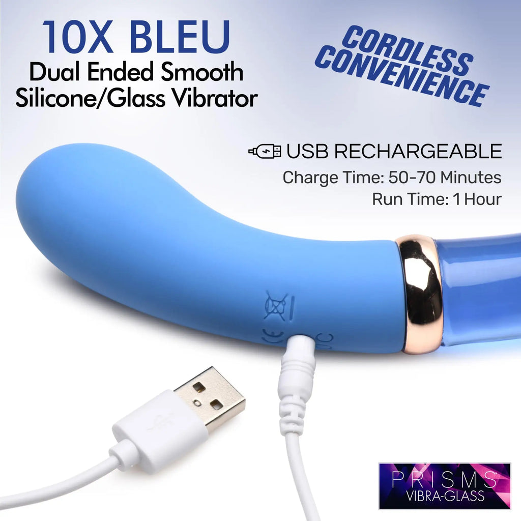 Prisms 10X Bleu vibrator: A dual-ended blue silicone and glass device with a USB charging cable attached.