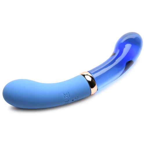 Prisms Erotic Glass 10X Bleu vibrator featuring a matte blue silicone base, gold ring, and curved blue glass tip.