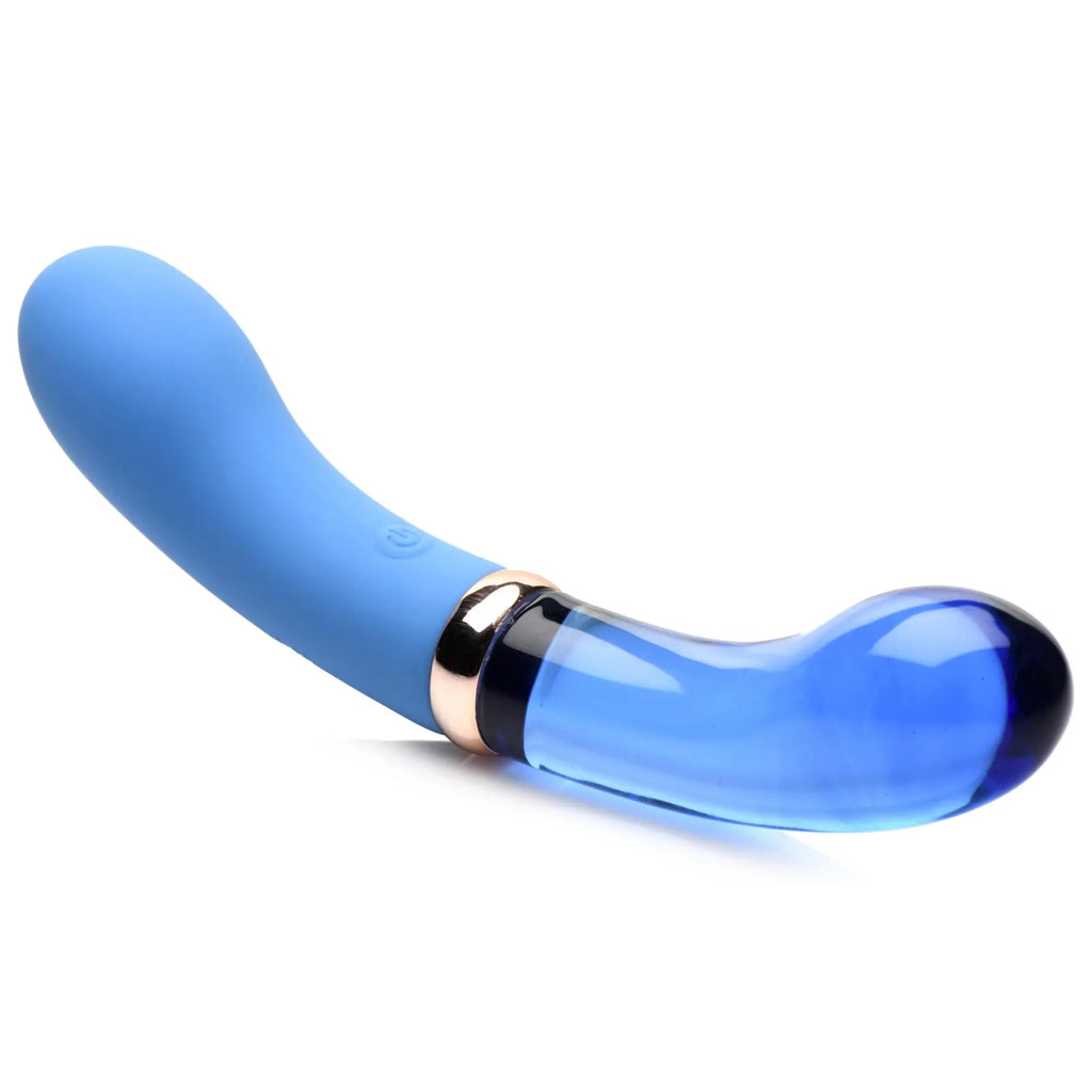 Prisms Erotic Glass 10X Bleu vibrator featuring a matte blue silicone handle, rose gold ring, and blue glass tip.