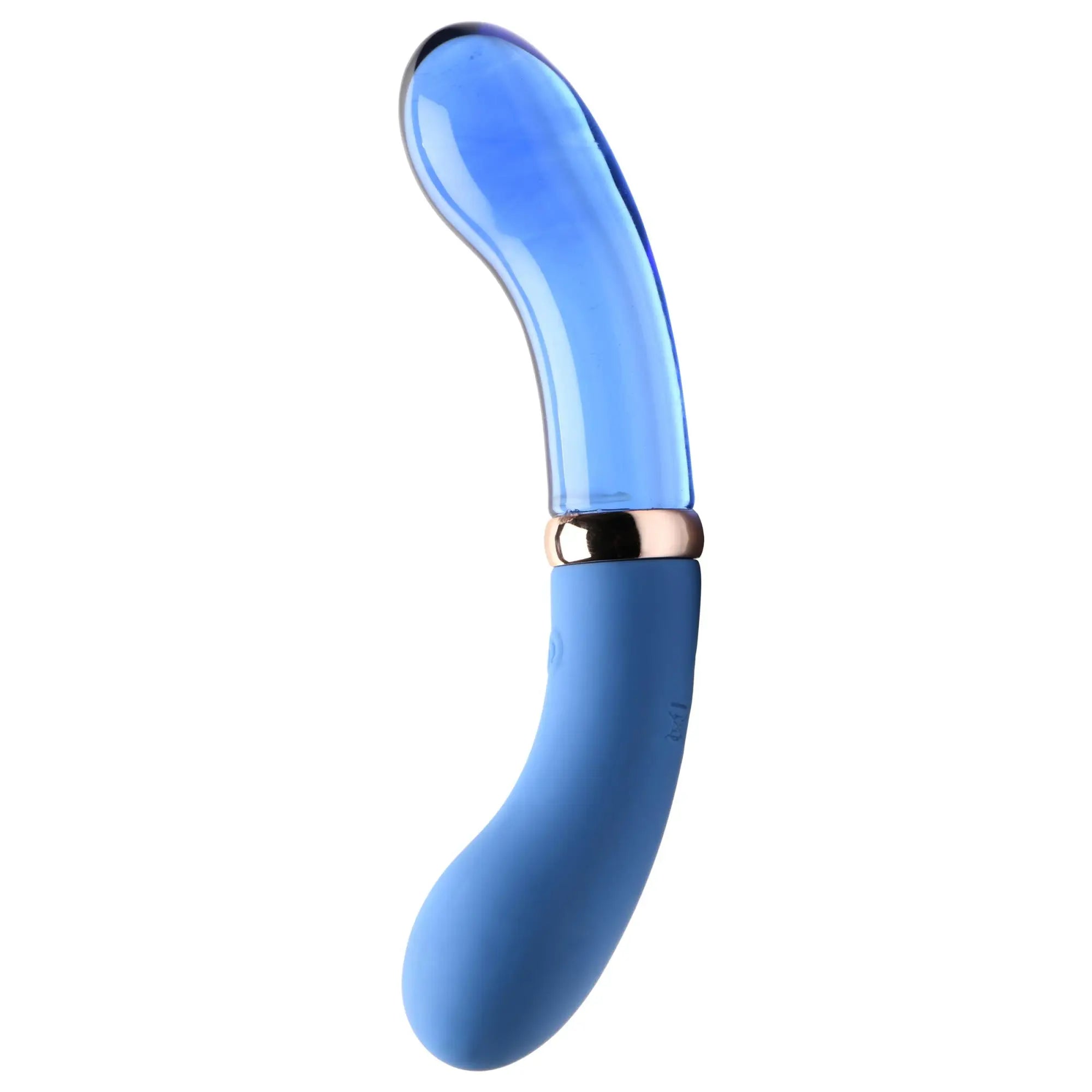 Prisms Erotic Glass 10X Bleu: curved blue glass tip, rose-gold ring, and matte blue silicone handle on white background.