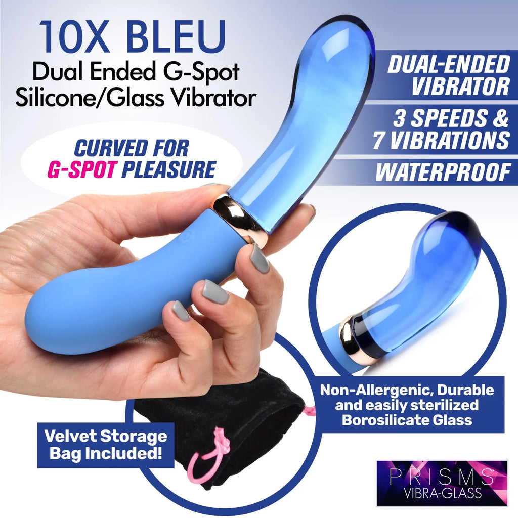 Prisms 10X Bleu dual-ended vibrator with a blue silicone handle and translucent blue curved glass tip in a hand.