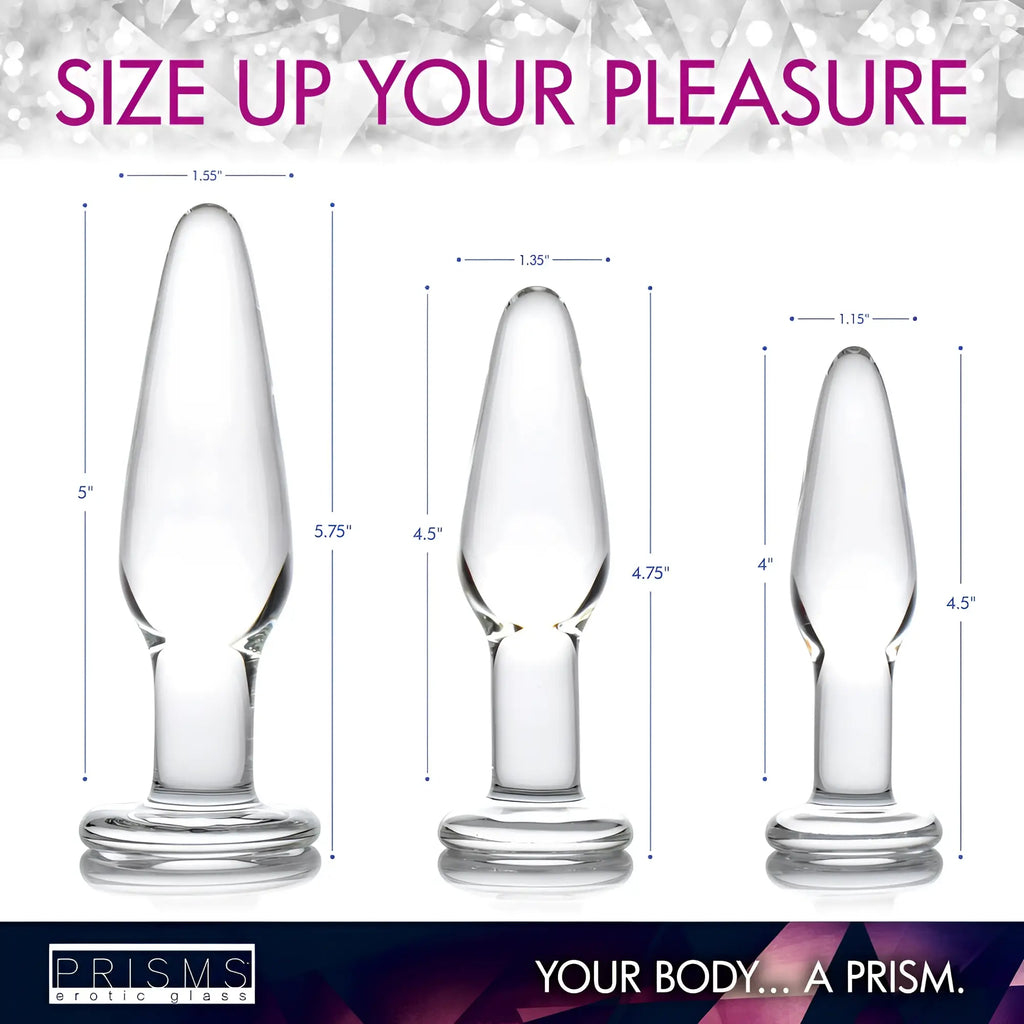 Prisms Erotic Glass 3pc Dosha Anal Plug Kit: three clear, teardrop-shaped glass plugs in varying sizes with dimensions.
