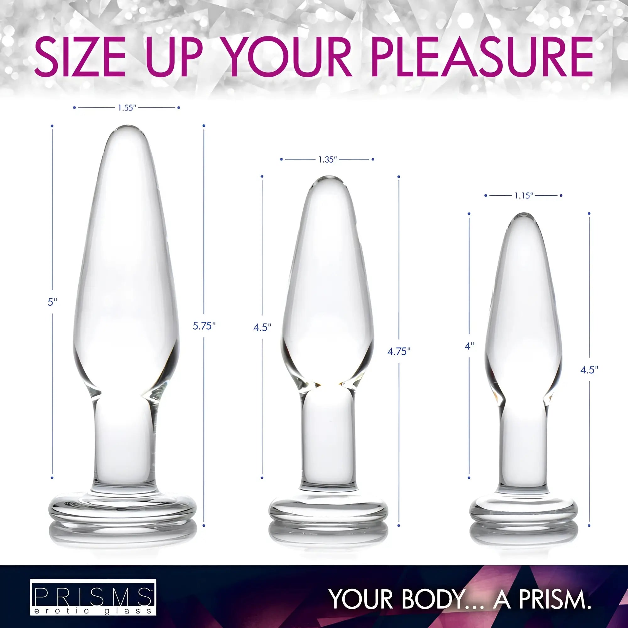 Prisms Erotic Glass 3pc Dosha Anal Plug Kit: three clear, teardrop-shaped glass plugs in varying sizes with dimensions.