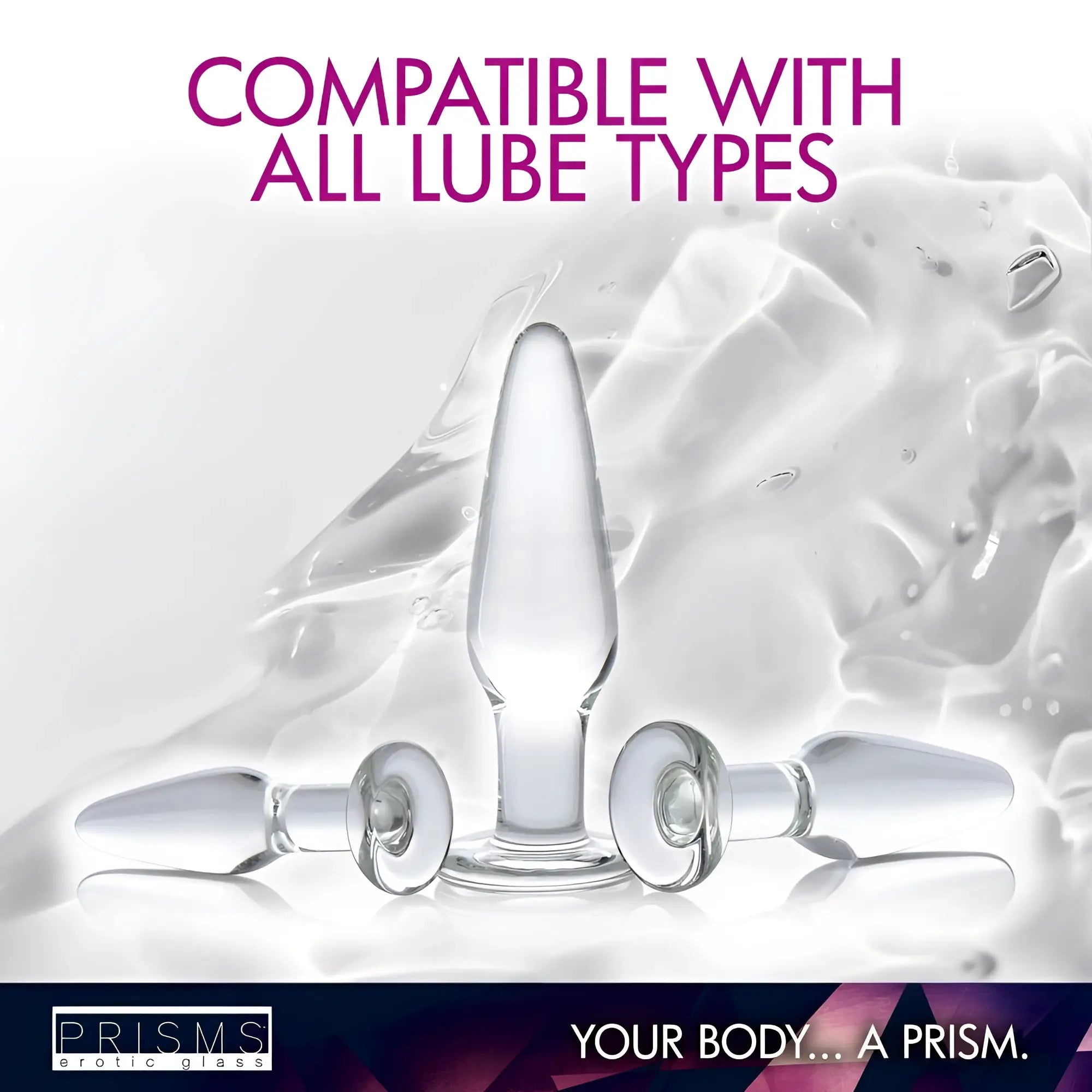 Prisms Erotic Glass 3pc Dosha Anal Plug Kit: three clear glass plugs with flared bases against a gel-like background.
