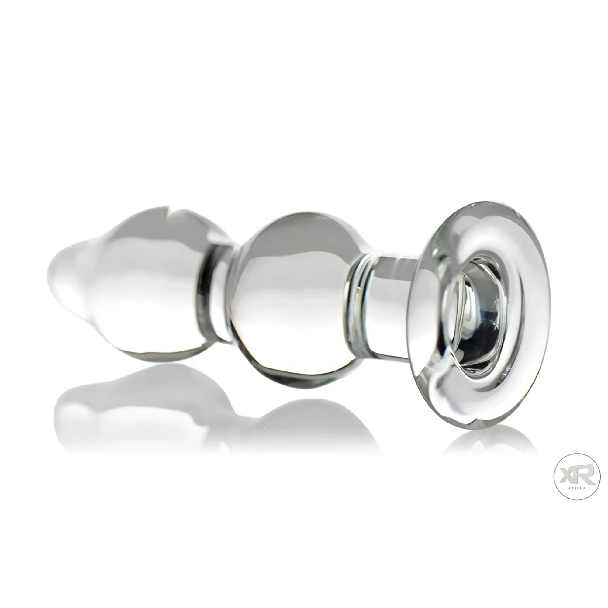 Prisms Erotic Glass Double Anal Plug: A clear, smooth glass toy with two bulbous ends and a flared base.