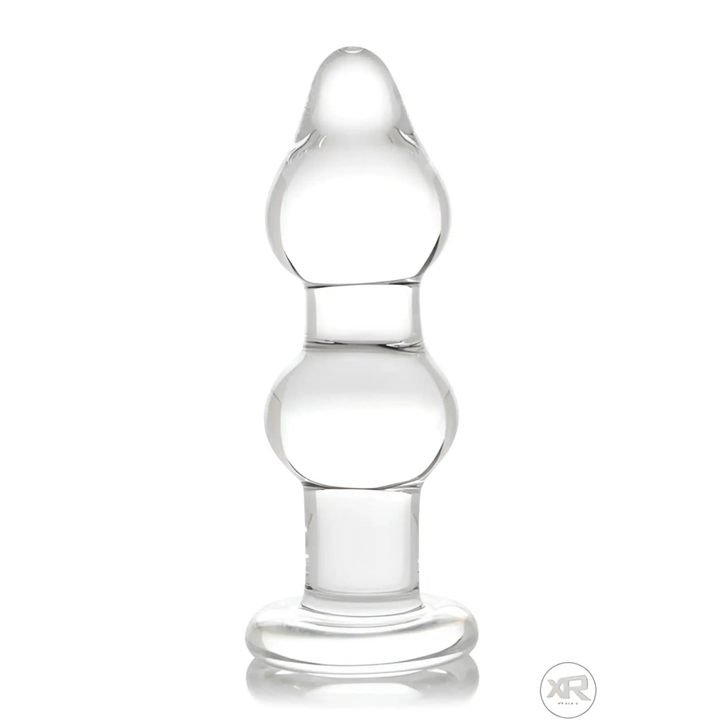 Prisms Erotic Glass double anal plug in clear, smooth glass with two rounded bulbous sections and a flat base.