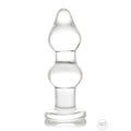 Prisms Erotic Glass double anal plug in clear, smooth glass with two rounded bulbous sections and a flat base.