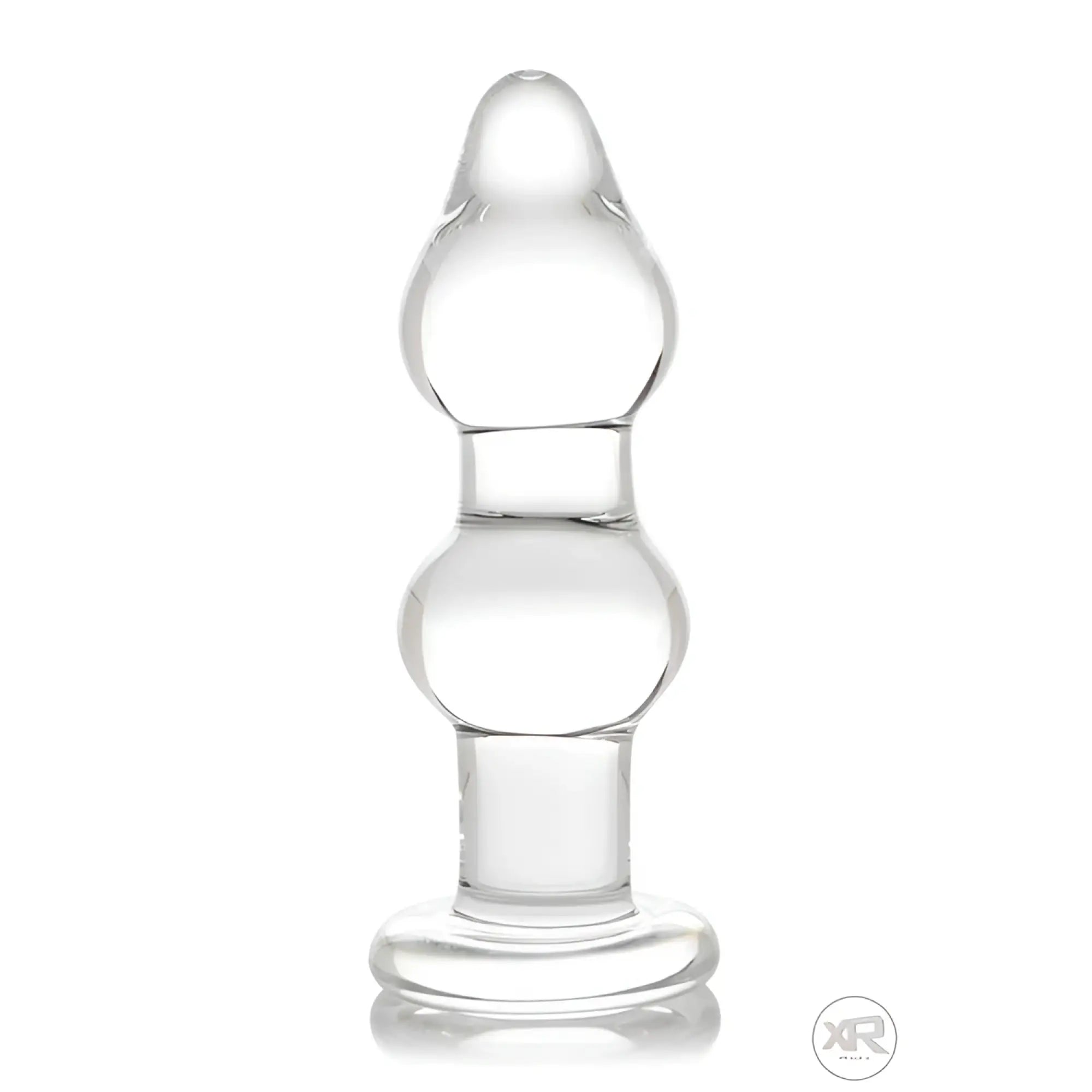 Prisms Erotic Glass double anal plug in clear, smooth glass with two rounded bulbous sections and a flat base.