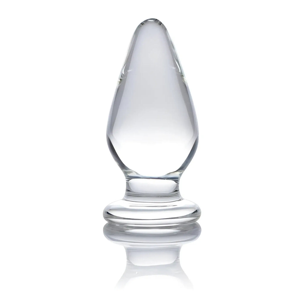 Prisms Erotic Glass Ember weighted tapered anal plug in clear glass against a white background.