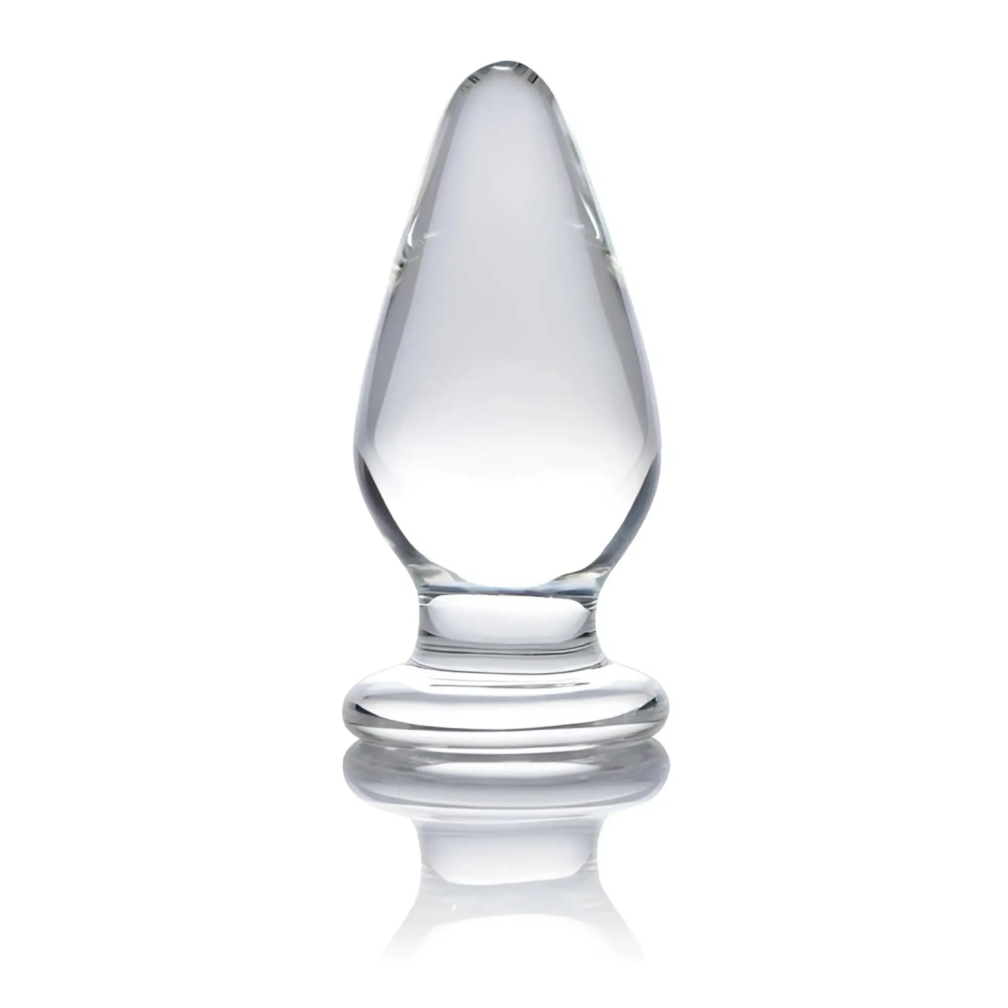 Prisms Erotic Glass Ember weighted tapered anal plug in clear glass against a white background.