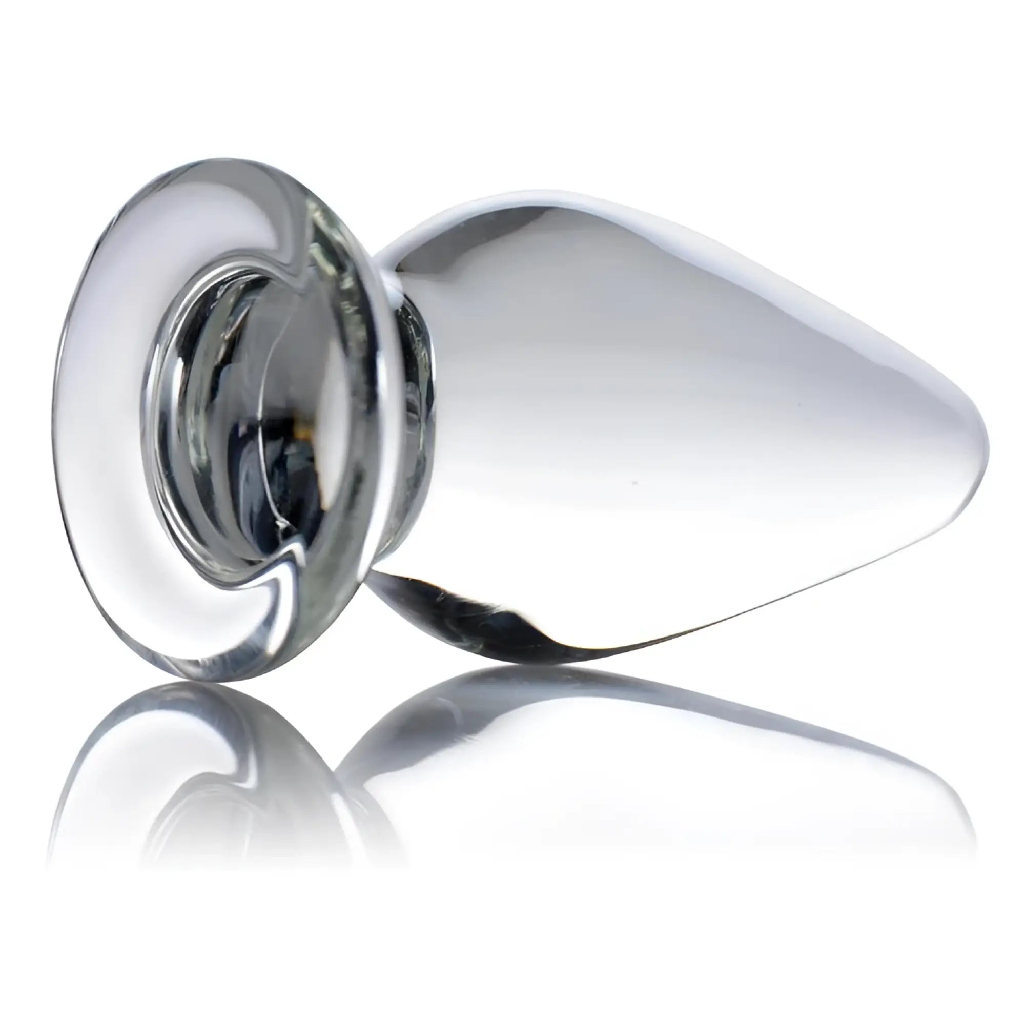 Prisms Erotic Glass Ember weighted tapered anal plug in clear glass with a wide base, set against a white background.